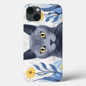 Russisch Blauwe Kat Gele Bloemen Case-Mate iPhone Case (Achterkant)