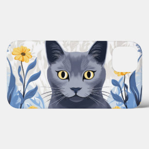 Russisch Blauwe Kat Gele Bloemen Case-Mate iPhone Case