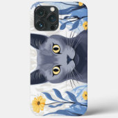 Russisch Blauwe Kat Gele Bloemen Case-Mate iPhone Case (Achterkant)