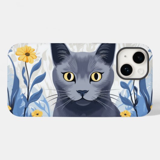 Russisch Blauwe Kat Gele Bloemen Case-Mate iPhone Case (Achterkant (horizontaal))