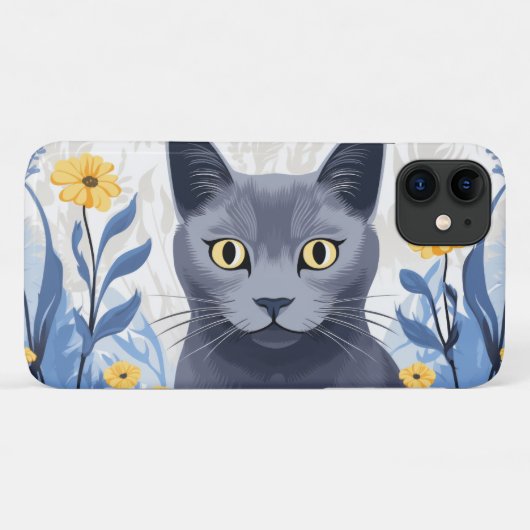 Russisch Blauwe Kat Gele Bloemen Case-Mate iPhone Case (Achterkant (horizontaal))