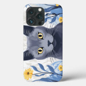 Russisch Blauwe Kat Gele Bloemen Case-Mate iPhone Case (Achterkant)