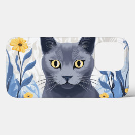Russisch Blauwe Kat Gele Bloemen Case-Mate iPhone Case