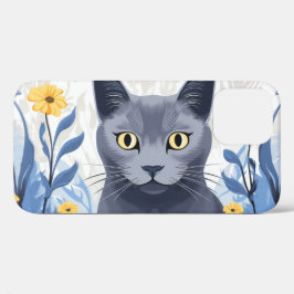 Russisch Blauwe Kat Gele Bloemen Case-Mate iPhone Case