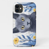 Russisch Blauwe Kat Gele Bloemen Case-Mate iPhone Case (Achterkant)