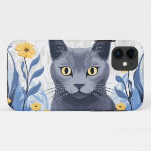 Russisch Blauwe Kat Gele Bloemen Case-Mate iPhone Case