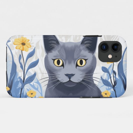 Russisch Blauwe Kat Gele Bloemen Case-Mate iPhone Case (Achterkant (horizontaal))