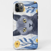 Russisch Blauwe Kat Gele Bloemen Case-Mate iPhone Case (Achterkant)