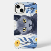 Russisch Blauwe Kat Gele Bloemen Case-Mate iPhone Case (Achterkant)