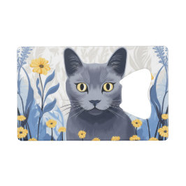 Russisch Blauwe Kat Gele Bloemen Creditkaart Flessenopener