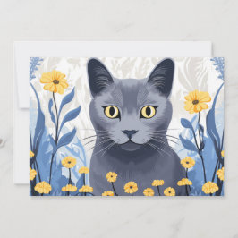 Russisch Blauwe Kat Gele Bloemen Feestdagenkaart