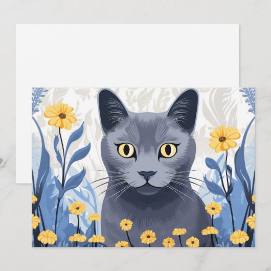 Russisch Blauwe Kat Gele Bloemen Feestdagenkaart (Voorkant / Achterkant)