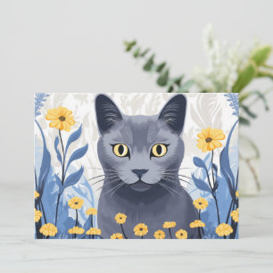 Russisch Blauwe Kat Gele Bloemen Feestdagenkaart