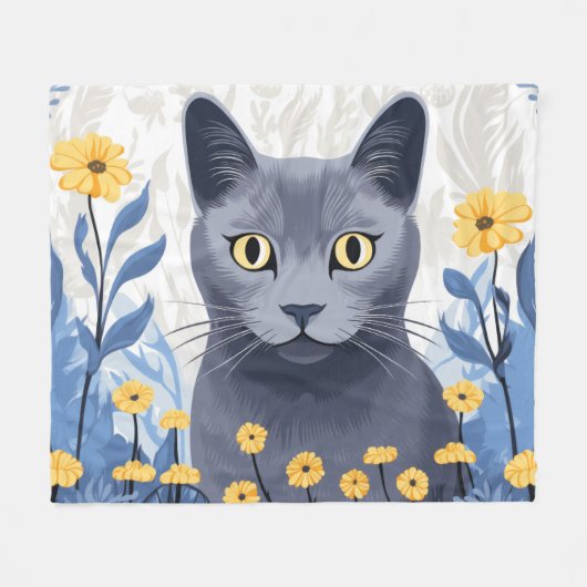 Russisch Blauwe Kat Gele Bloemen Fleece Deken (Voorkant (Horizontaal))