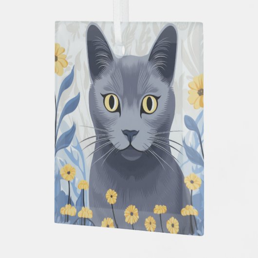 Russisch Blauwe Kat Gele Bloemen Glas Ornament (Voorkant links)