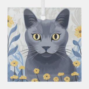 Russisch Blauwe Kat Gele Bloemen Glas Ornament