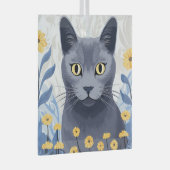 Russisch Blauwe Kat Gele Bloemen Glas Ornament (Voorkant Rechts)