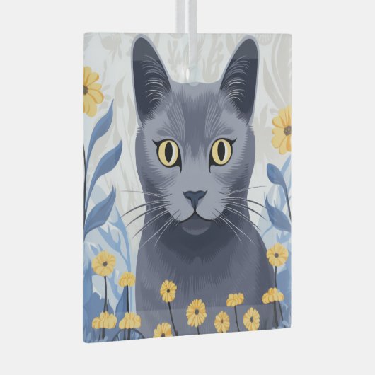 Russisch Blauwe Kat Gele Bloemen Glas Ornament (Voorkant Rechts)