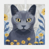 Russisch Blauwe Kat Gele Bloemen Glas Ornament (Achterkant)