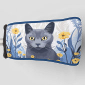 Russisch Blauwe Kat Gele Bloemen Golfheadcover (Voorkant)