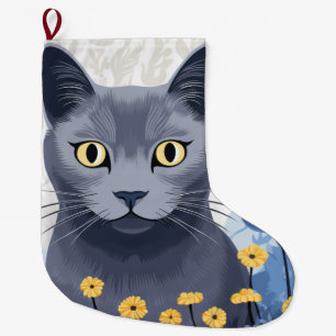 Russisch Blauwe Kat Gele Bloemen Grote Kerstsok
