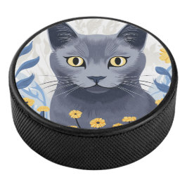 Russisch Blauwe Kat Gele Bloemen Hockey Puck