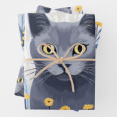 Russisch Blauwe Kat Gele Bloemen Inpakpapier Vel (In situ)