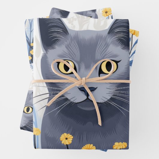 Russisch Blauwe Kat Gele Bloemen Inpakpapier Vel (In situ)