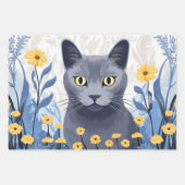 Russisch Blauwe Kat Gele Bloemen Inpakpapier Vel (Voorkant)