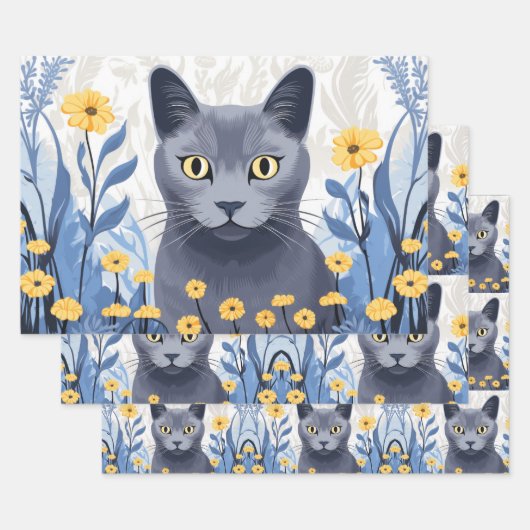Russisch Blauwe Kat Gele Bloemen Inpakpapier Vel (Set)