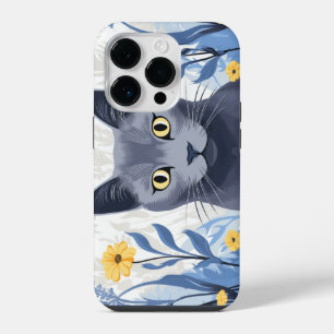 Russisch Blauwe Kat Gele Bloemen iPhone 14 Plus Hoesje