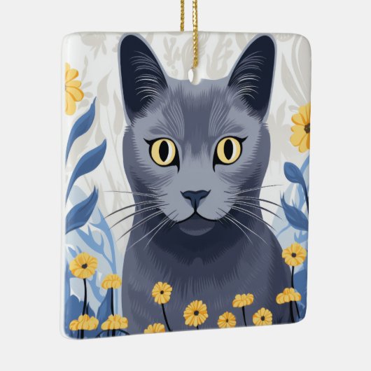 Russisch Blauwe Kat Gele Bloemen Keramisch Ornament (Rechts)
