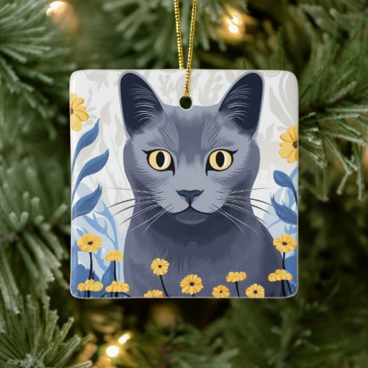 Russisch Blauwe Kat Gele Bloemen Keramisch Ornament (Boom)