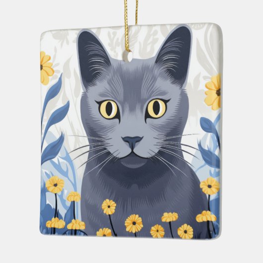 Russisch Blauwe Kat Gele Bloemen Keramisch Ornament (Links)