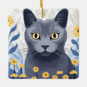 Russisch Blauwe Kat Gele Bloemen Keramisch Ornament (Voorkant)