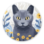 Russisch Blauwe Kat Gele Bloemen Keramische Knop (Voorkant)
