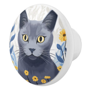 Russisch Blauwe Kat Gele Bloemen Keramische Knop