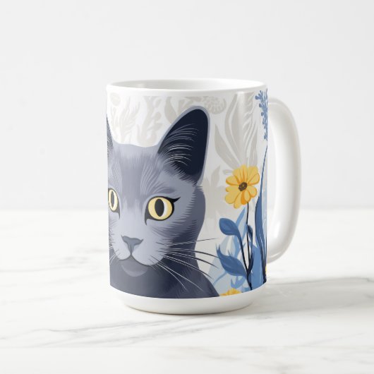 Russisch Blauwe Kat Gele Bloemen Koffiemok (Voorkant rechts)