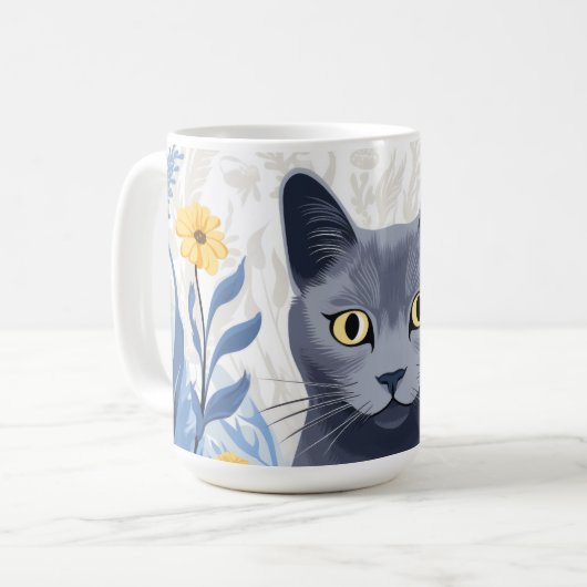 Russisch Blauwe Kat Gele Bloemen Koffiemok (Voorkant links)