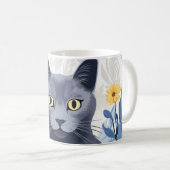 Russisch Blauwe Kat Gele Bloemen Koffiemok (Voorkant rechts)