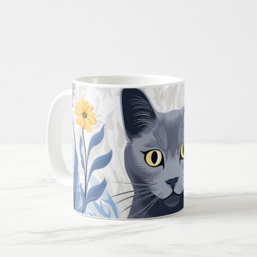 Russisch Blauwe Kat Gele Bloemen Koffiemok (Voorkant links)