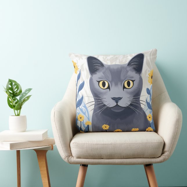 Russisch Blauwe Kat Gele Bloemen Kussen (Stoel)
