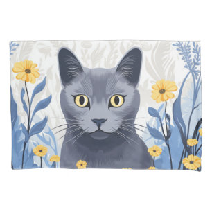 Russisch Blauwe Kat Gele Bloemen Kussensloop