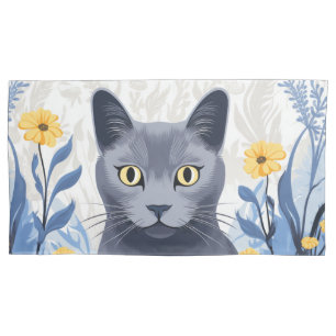 Russisch Blauwe Kat Gele Bloemen Kussensloop