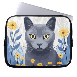 Russisch Blauwe Kat Gele Bloemen Laptop Sleeve