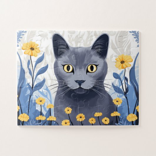 Russisch Blauwe Kat Gele Bloemen Legpuzzel (Horizontaal)