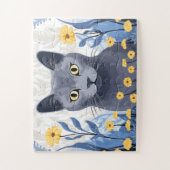Russisch Blauwe Kat Gele Bloemen Legpuzzel (Verticaal)