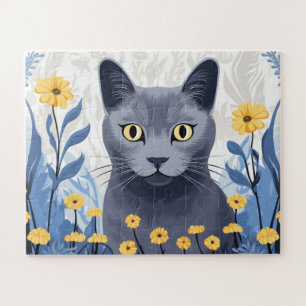 Russisch Blauwe Kat Gele Bloemen Legpuzzel