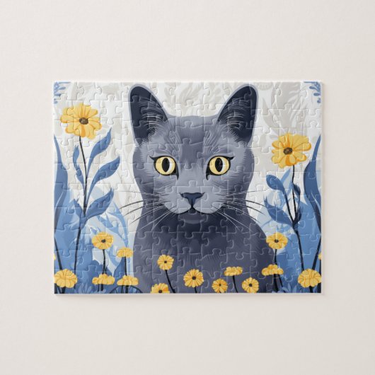 Russisch Blauwe Kat Gele Bloemen Legpuzzel (Horizontaal)