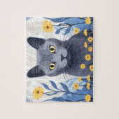 Russisch Blauwe Kat Gele Bloemen Legpuzzel (Verticaal)